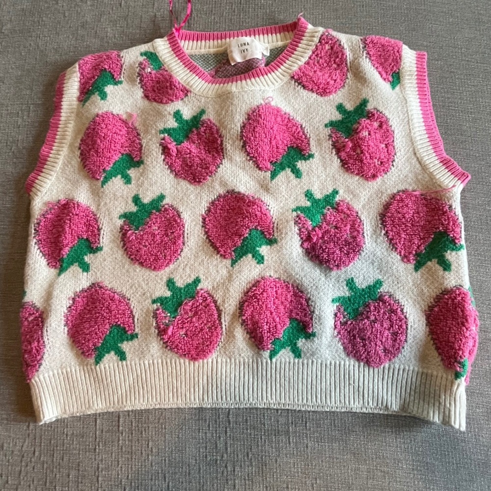 Luna Ivy Strawberry Knit Sweater Vest Pink Cream STA2270 Small Fruitcore Cropped